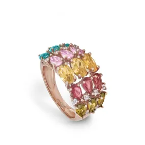 Anillos con piedras de colores y arco en tonos fríos