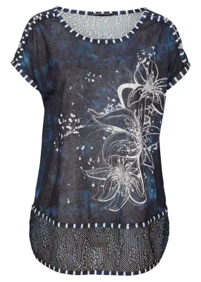 Camiseta con efecto batik y pedrería Azul-blanco lana estampado