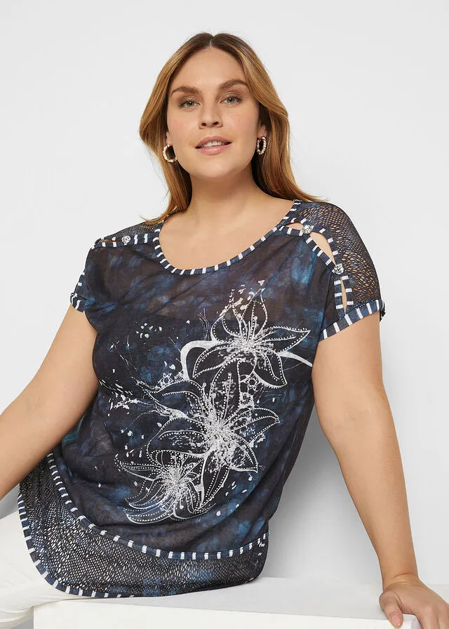 CAMISETA CON EFECTO BATIK Y PEDRERíA AZULBLANCO LANA ESTAMPADO