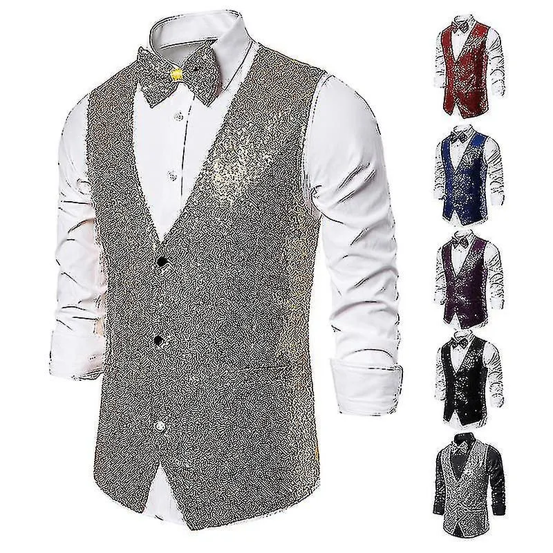 Chaleco de lentejuelas brillantes para hombre, chaleco de traje con cuello en V