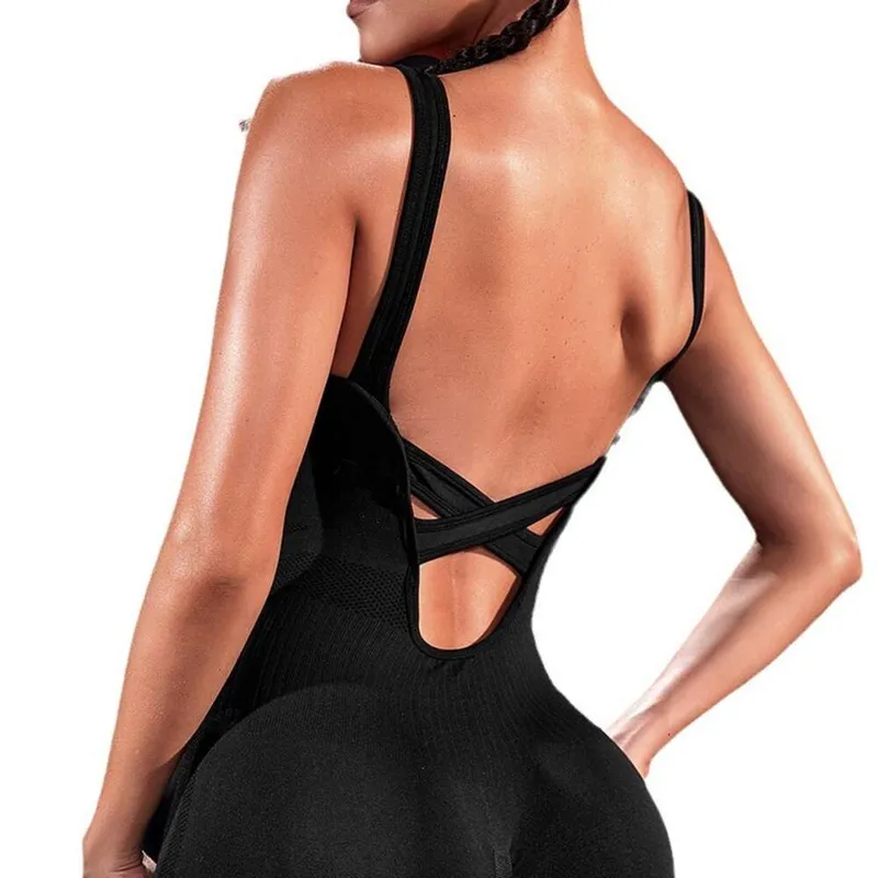Mono sexy cruzado sin espalda, traje de yoga Fiess, ropa todo en uno para danza y deportes