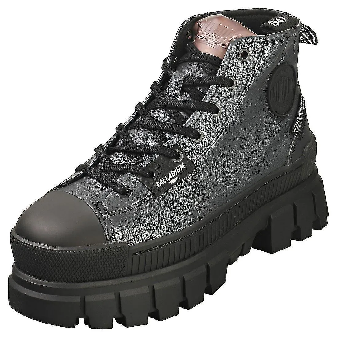 Palladium Revolt Hi Metal Botas de moda femenina en plata oscura